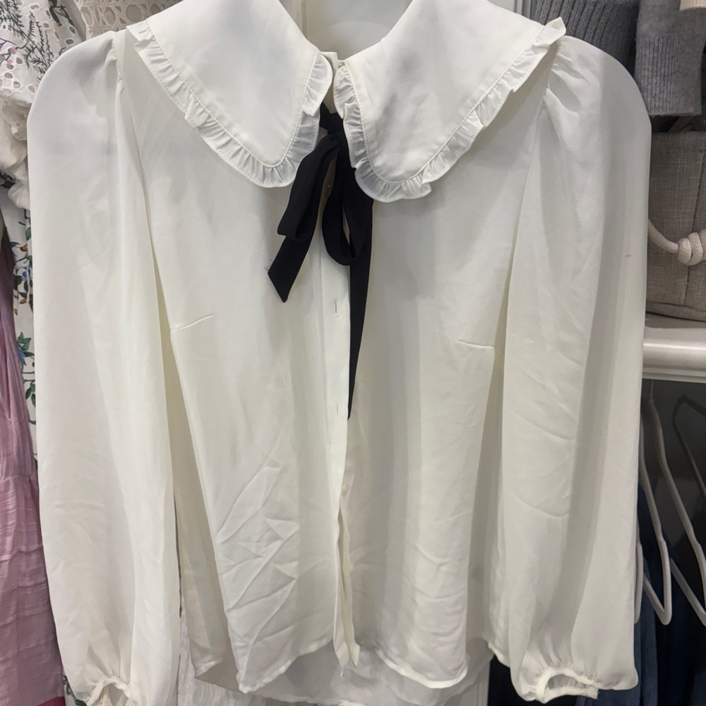 J. Crew White Blouse with Peter Pan Collar and Black Bow